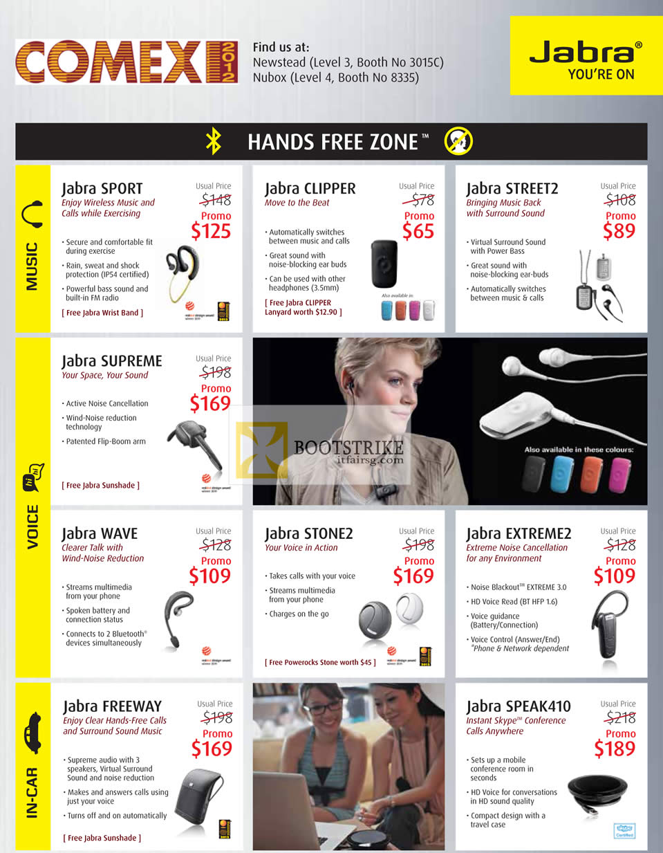 COMEX 2012 price list image brochure of Jabra Bluetooth Headsets Sport, Clipper, Street2, Supreme, Wave, Stone2, Extreme2, Freeway, Speak410