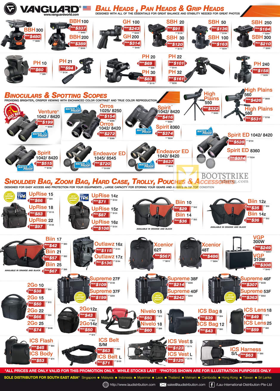 COMEX 2012 price list image brochure of Lau Intl Vanguard Ball Heads, Pan Heads, Grip Heads BBH GH, SBH, PH, Binoculars, Scopes, Bags, Belts, Flash