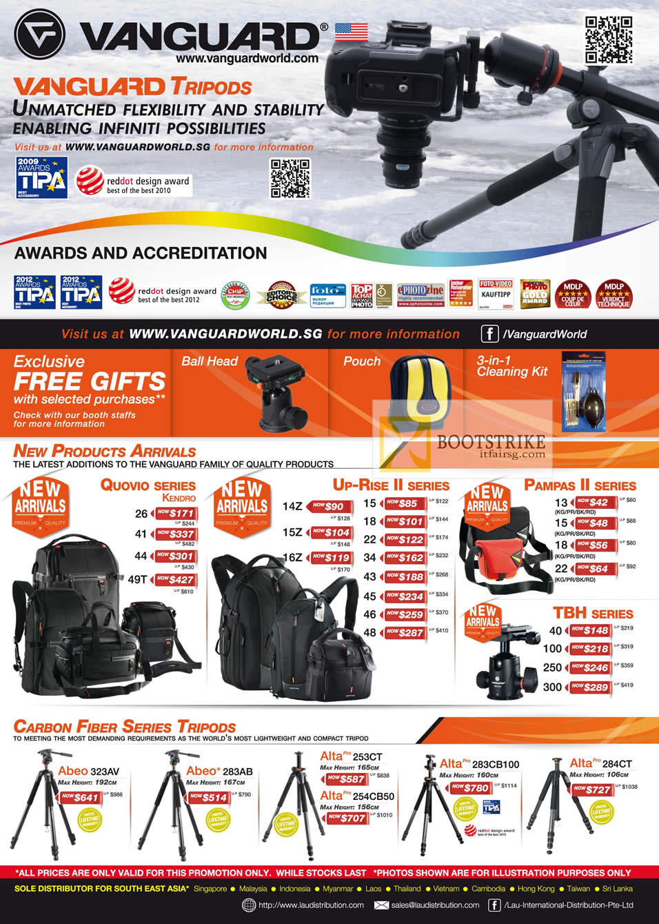 COMEX 2012 price list image brochure of Lau Intl Vanguard Tripods Quovio, Up-Rise II, Pampas II, TBH, Carbon Fiber Abeo, Alta