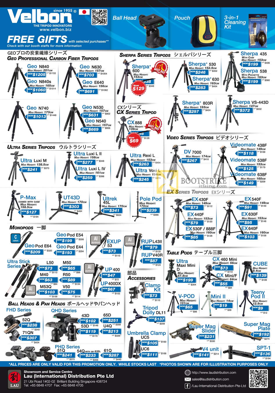 COMEX 2012 price list image brochure of Lau Intl Velbon Tripods Geo Carbon Fiber, Sherpa, CX, Ultra, Video, Videomate, Monopods, Table Pods, Bal Heads, Pan Heads