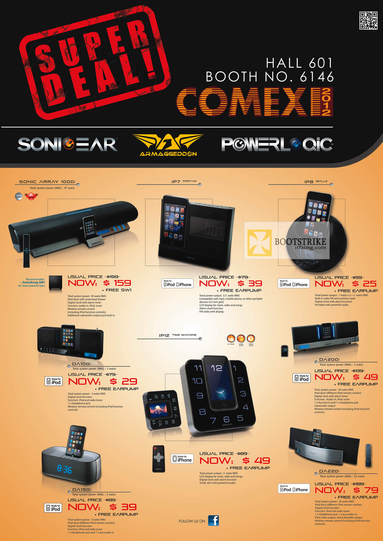 COMEX 2012 price list image brochure of Leap Frog Sonicgear Powerlogic Armaggeddon Speakers, Docking Stations, Sonic Array 1000i, IP7, IP8, DA100i, IP12, DA200i, DA150i, DA220i