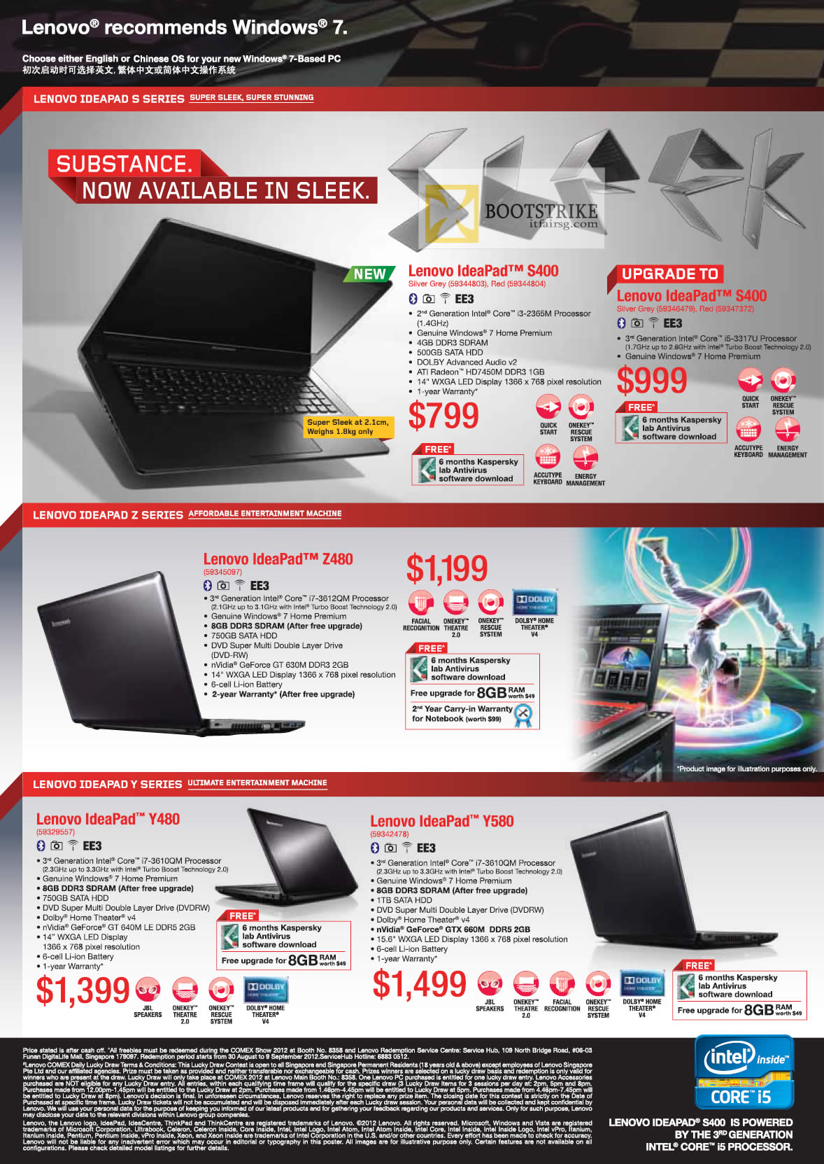 COMEX 2012 price list image brochure of Lenovo Notebooks IdeaPad S400 Z480, Y480, Y580