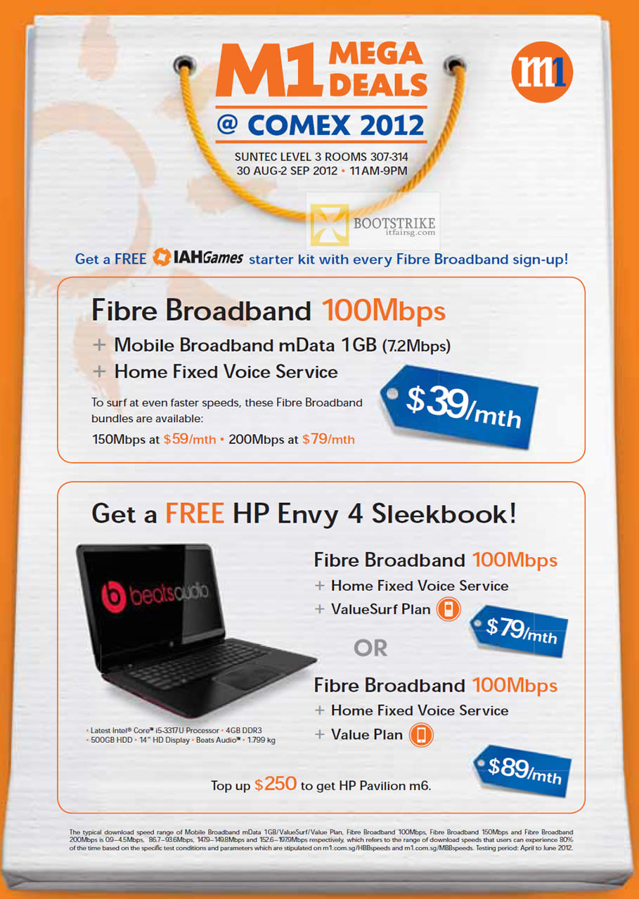 COMEX 2012 price list image brochure of M1 Broadband Fibre 100Mbps 39 Dollar Mobile Broadband, Fixed Voice, Free HP Envy 4 Sleekbook Notebook