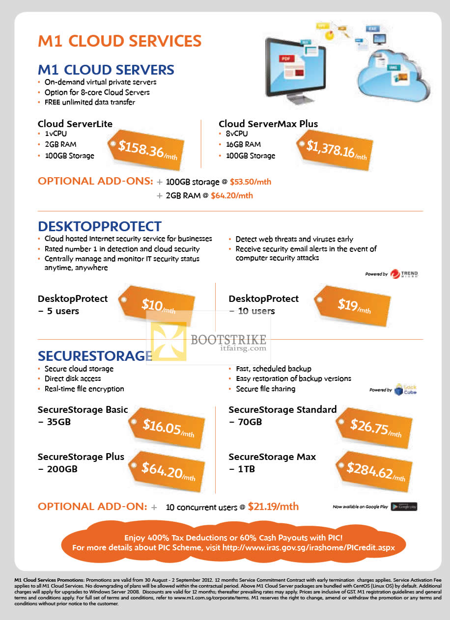 COMEX 2012 price list image brochure of M1 Business Cloud ServerLite, ServerMax Plus, Desktop Protect 5, 10 Users, Secure Storage Basic, Plus, Standard, Max