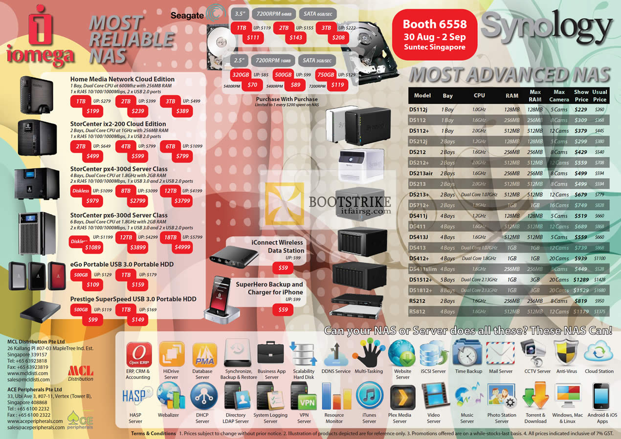 COMEX 2012 price list image brochure of MCL Distribution Iomega NAS StorCenter Ix2-200 Px4-300d EGo External Storage Prestige DS112j, Synology RS812, DS112J, DS212, DS213air, DS411J, DS413, DS411slim