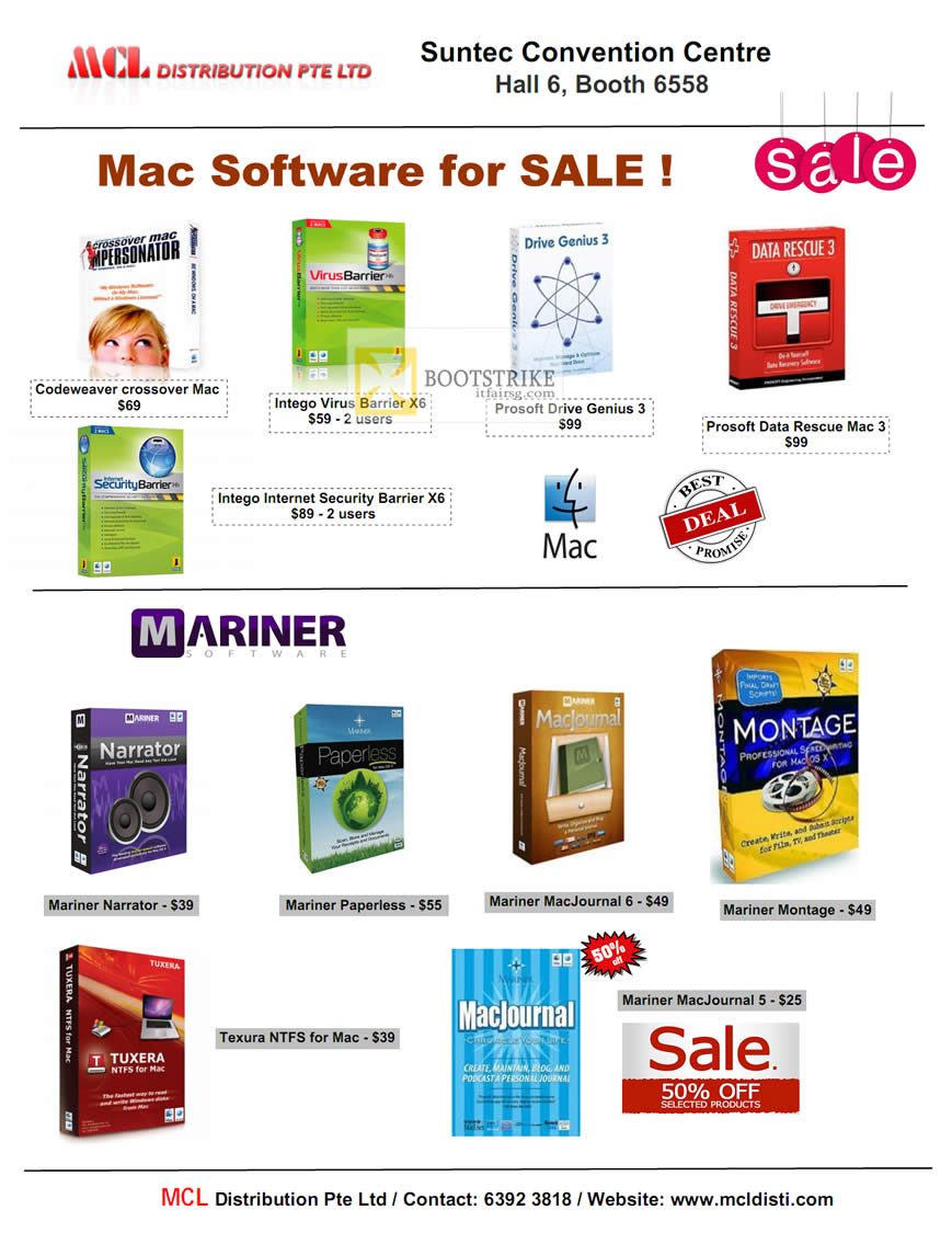 COMEX 2012 price list image brochure of MCL Distribution Mac Software Prosoft, Intego Internet Security, Codeweaver, Mariner Narrator, MacJournal, Montage