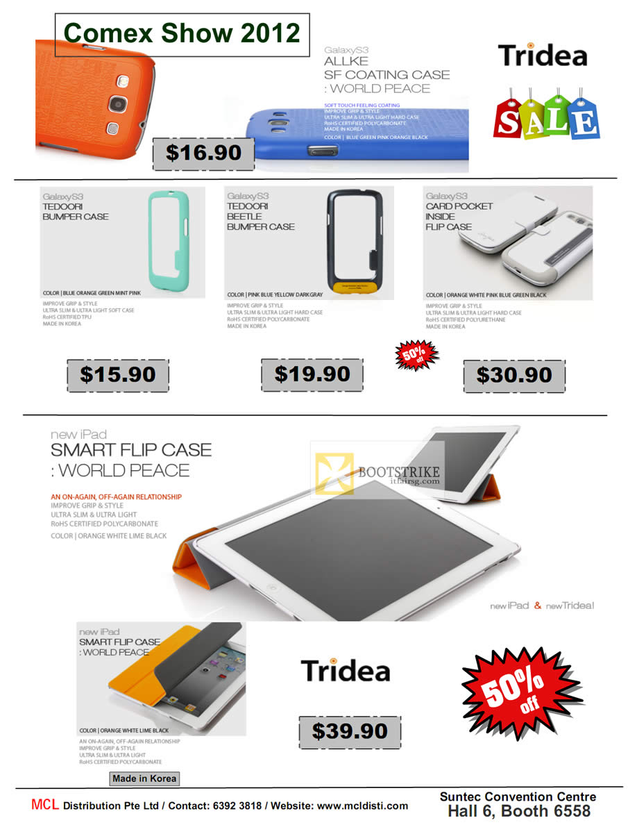 COMEX 2012 price list image brochure of MCL Distribution Tridea Galaxy S III Case, Tedoori, IPad Flip Case World Peace