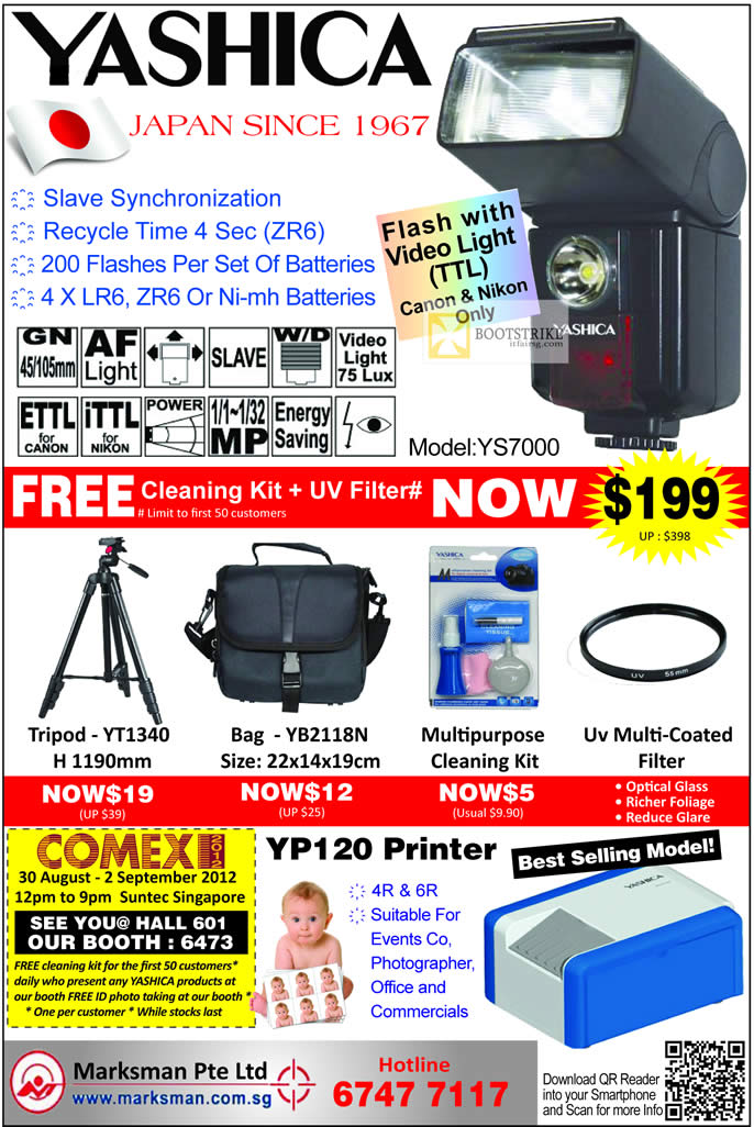 COMEX 2012 price list image brochure of Marksman Yashica Flash YS7000, Cleaning Kit, Bag, Tripod YT1340, YP120 Printer