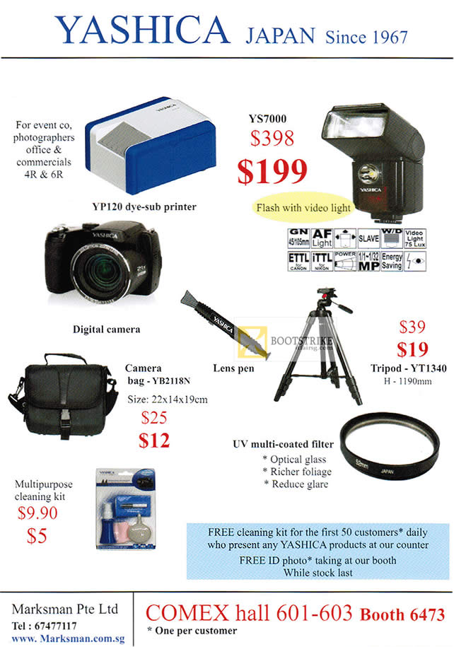 COMEX 2012 price list image brochure of Marksman Yashica YS7000 Flash, Tripod YT1340, Camera Bag YB2118N, Filter, Cleaning Kit