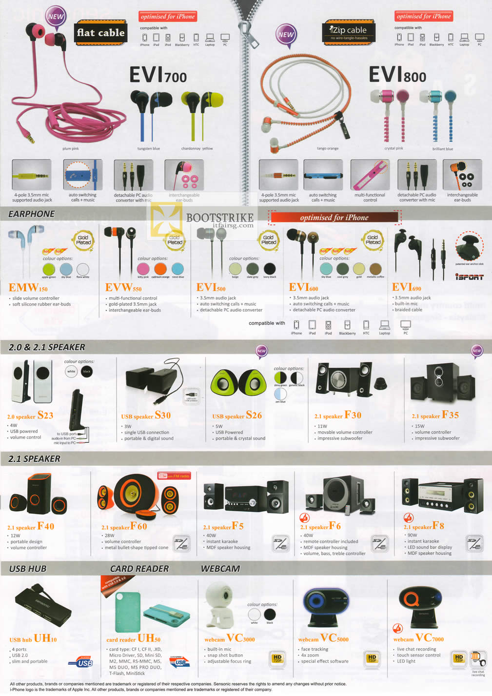 COMEX 2012 price list image brochure of Mclogic Sensonic Earphones, Zip Cable, Speakers, USB Hub, Card Reader, Webcam