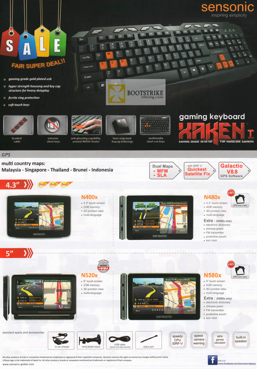 COMEX 2012 price list image brochure of Mclogic Sensonic Gaming Keyboard Xaken I, GPS Navigator N400x Galactio V8.8, N480x, N520x, N580x