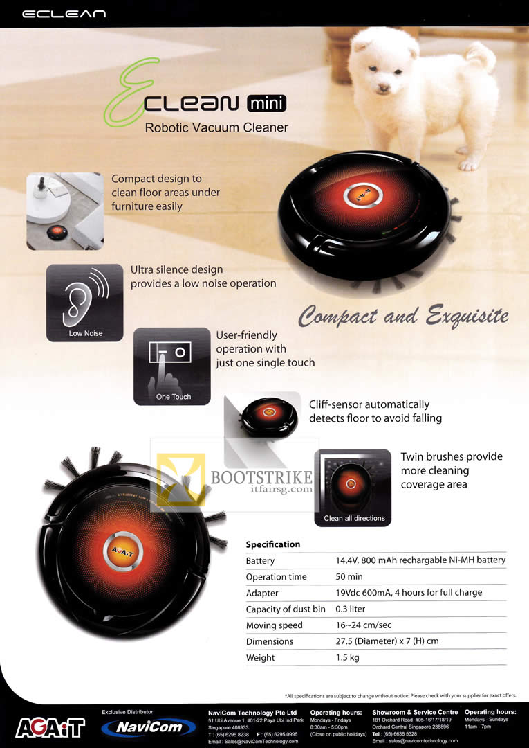 COMEX 2012 price list image brochure of Navicom Agait Eclean Mini Robotic Vacuum Cleaner Features, Specifications