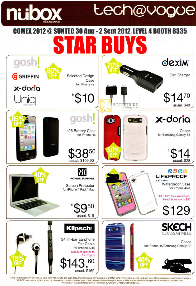 COMEX 2012 price list image brochure of Newstead Nubox Apple Accessories Case, Dexim Car Charger, Gosh, X-Doria, Klipsch S4i Earphones, Skech, Lifeproof