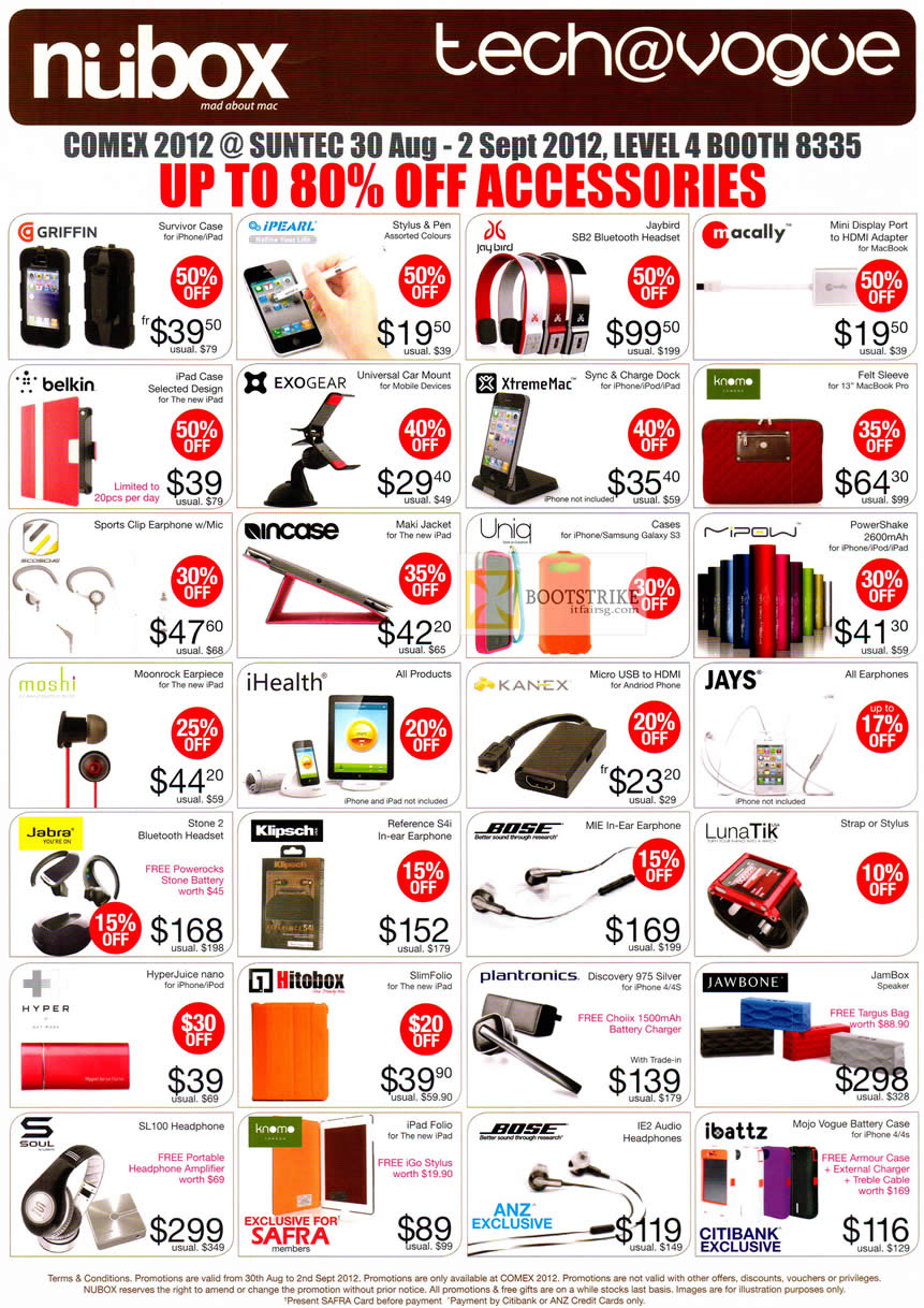 COMEX 2012 price list image brochure of Newstead Nubox Apple Accessories Cases Griffin Belkin Uniq, Jays Earphones, Jaybird SB2 Bluetooth Headset, Bose IE2, Jawbone Jambox, LunaTik, Jabra