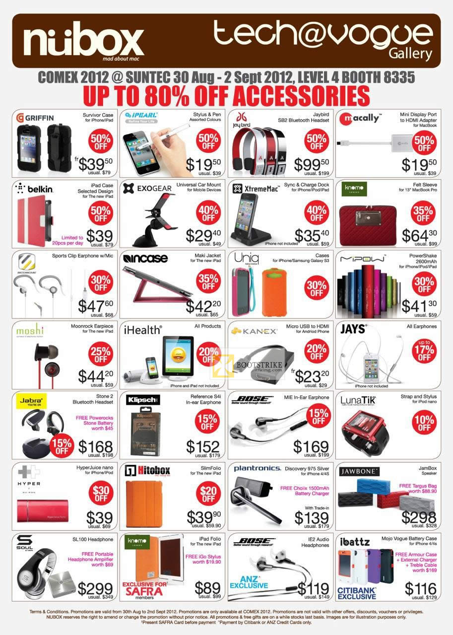 COMEX 2012 price list image brochure of Newstead Nubox Tech Vogue Apple Accessories XtremeMac, Macally, Exogear, Soul SL100, Klipsch S4i Earphone, Bose, LunaTik, Jays, Moshi, Jabra, MiPow, Case, Headset