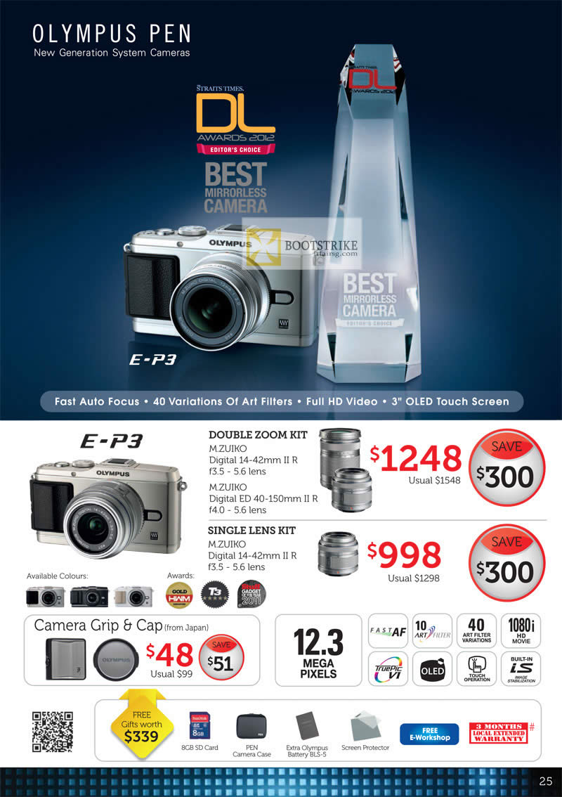 COMEX 2012 price list image brochure of Olympus Digital Camera Pen Accessories E-P3, Double Zoom Kit, Single Lens Kit, Camera Grip, Cap