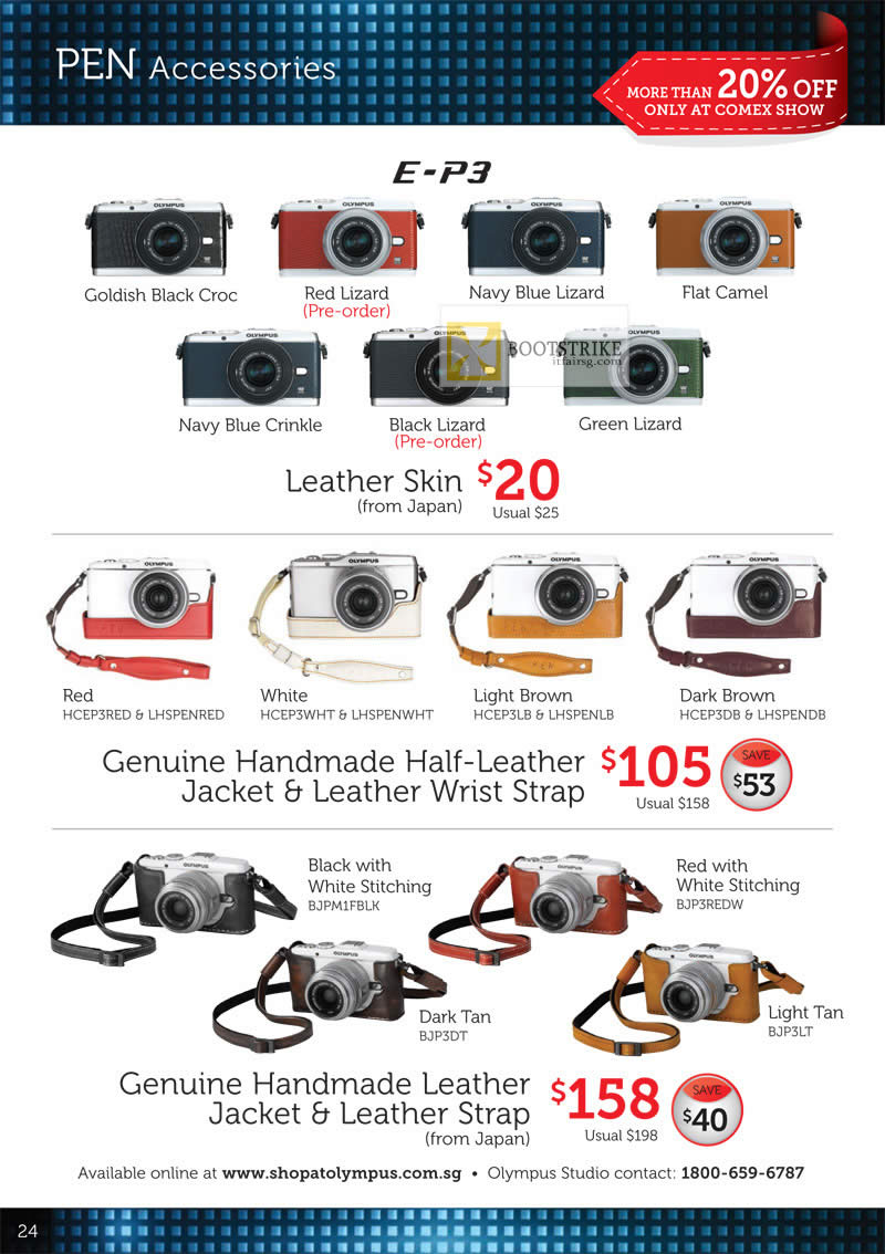 COMEX 2012 price list image brochure of Olympus Digital Camera Pen Accessories E-P3, Leather Skin, Genuine Handmade Leather Jacket, Strap