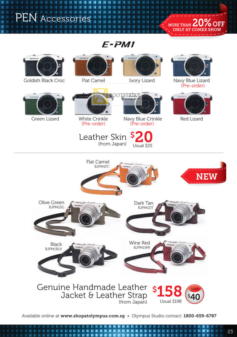 COMEX 2012 price list image brochure of Olympus Digital Camera Pen Accessories E-PM1, Leather Skin, Genuine Handmade Leather Jacket, Strap