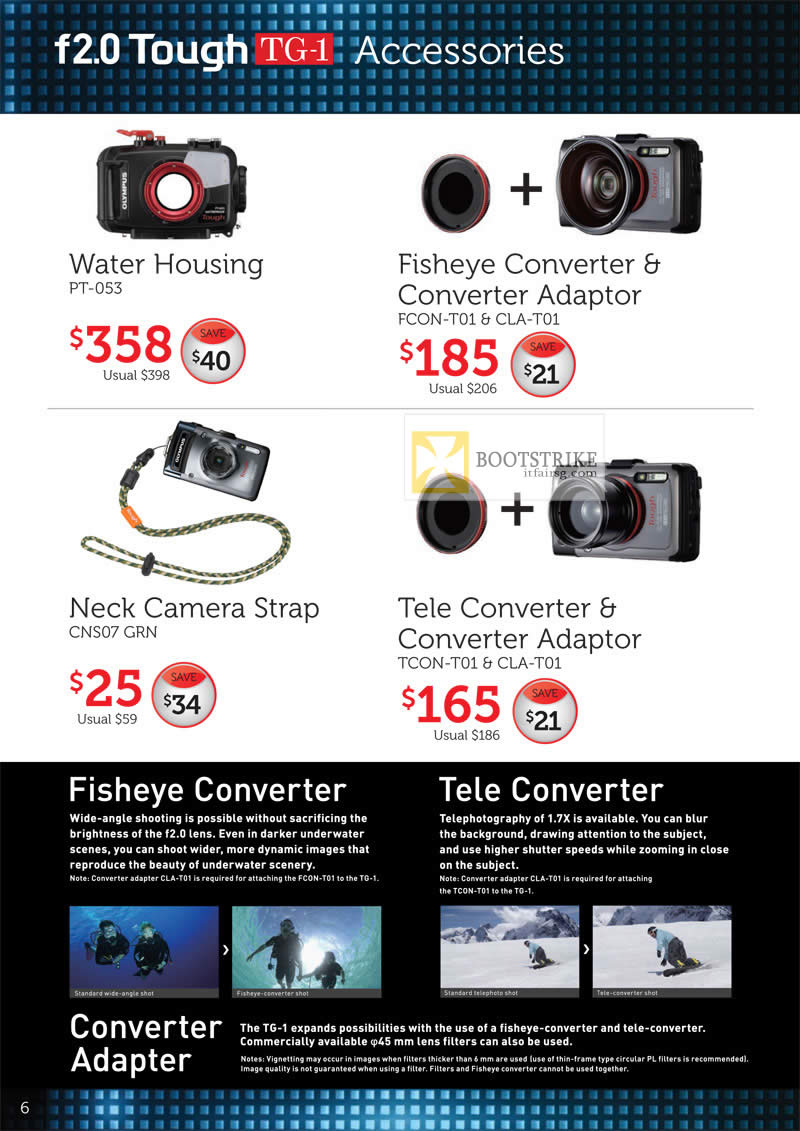 COMEX 2012 price list image brochure of Olympus Digital Camera Tough TG-1 Accessories Water Housing PT-053, Fisheye Converter FCON-T01, CLA-T01, Tcon-T01, CNS07 GRN