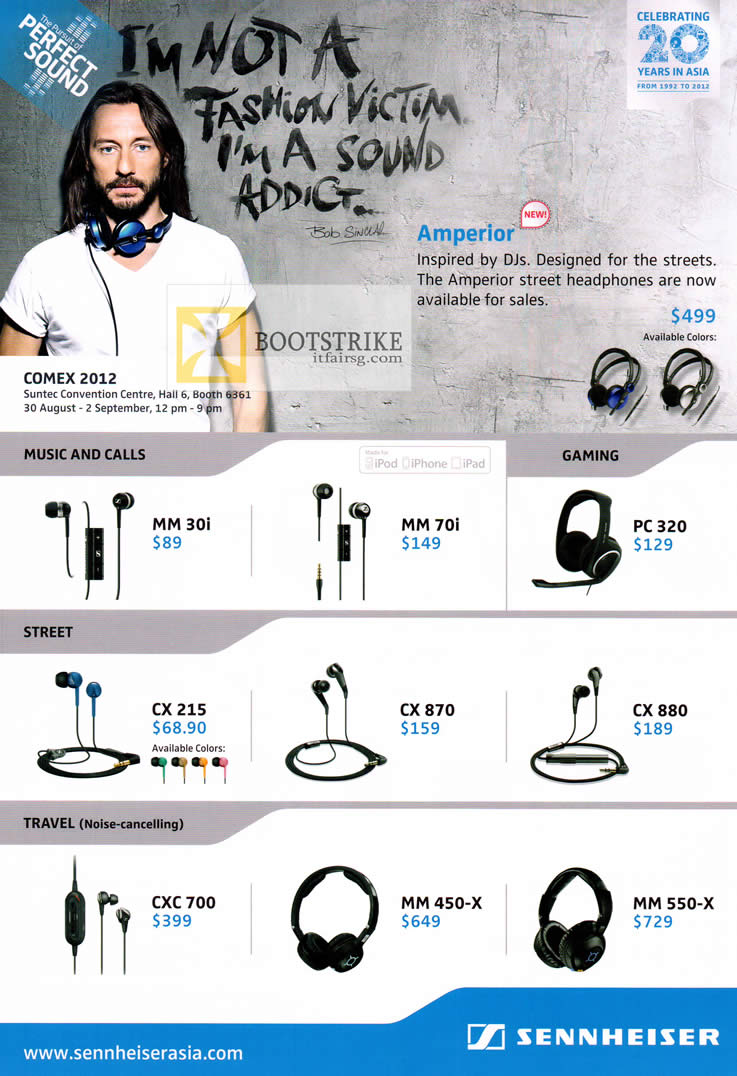 COMEX 2012 price list image brochure of Pantrade Sennheiser Earphones, Headphones, MM30i, MM70i, PC320, CX880, CX870, CX215, CXC 700, MM 450-X, MM550-X