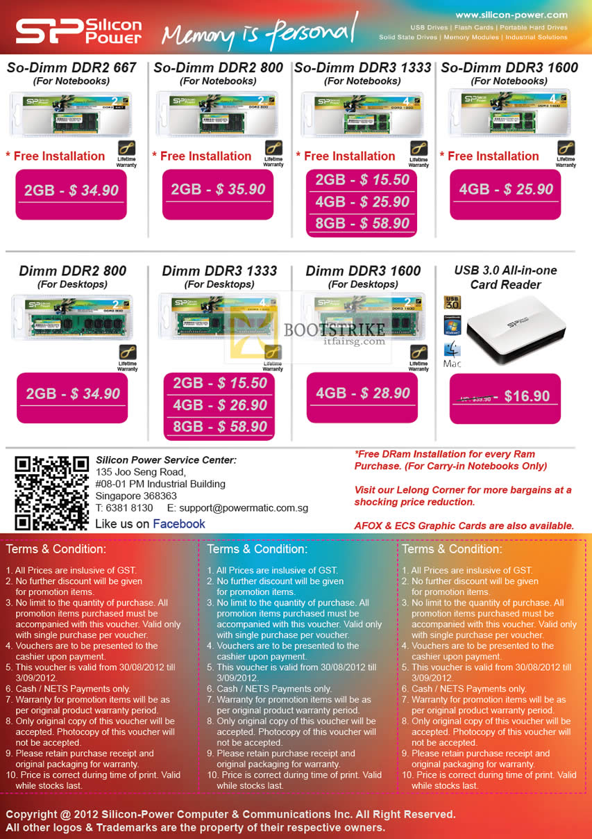 COMEX 2012 price list image brochure of Powermatic Silicon Power Memory RAM SO-DIMM DDR3, DDR2, DIMM, USB Card Reader