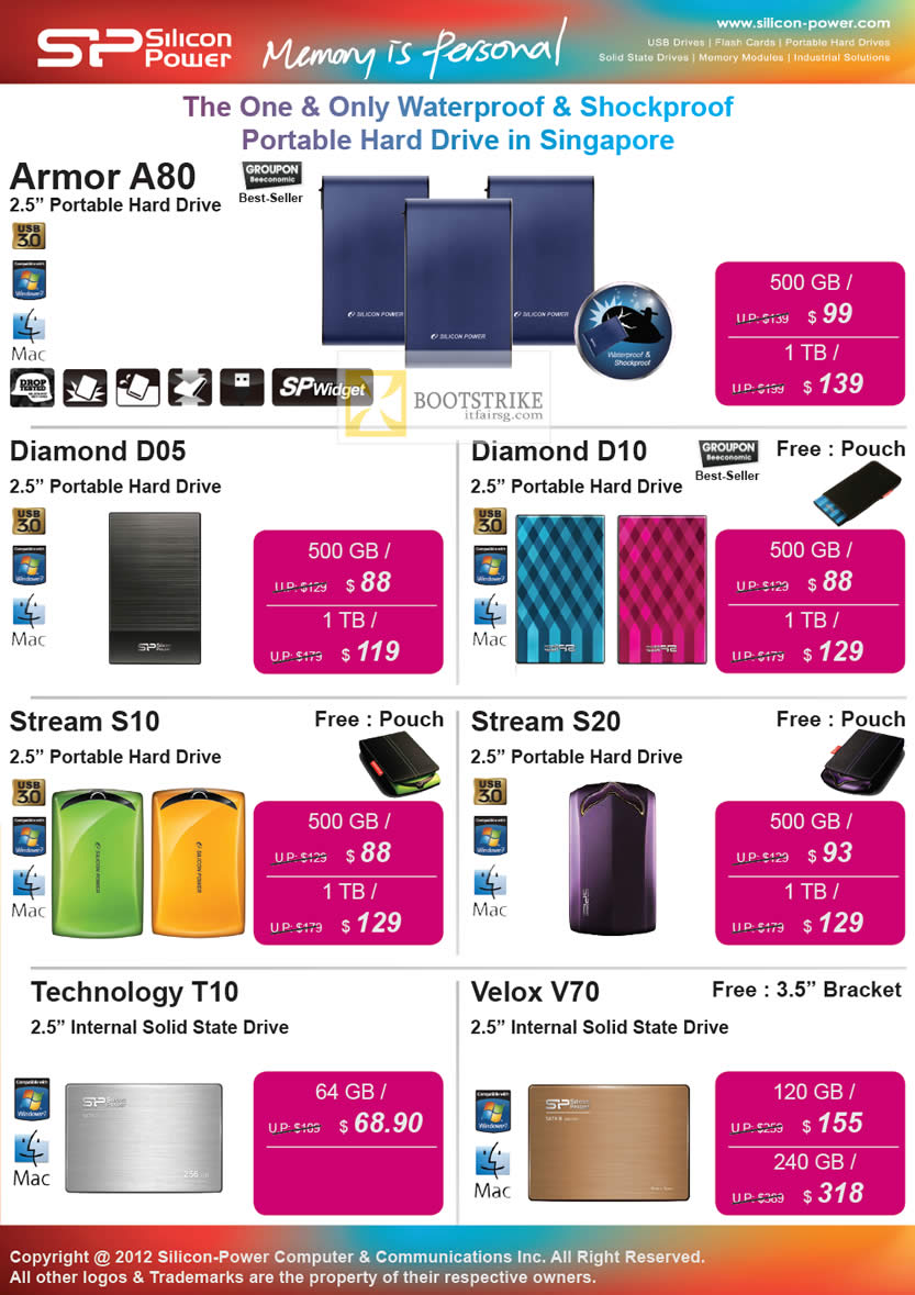 COMEX 2012 price list image brochure of Powermatic Silicon Power SP External Storage Armor A80, Diamond D05, D10, Stream S10, S20, Technology T10, Velox V70 SSD