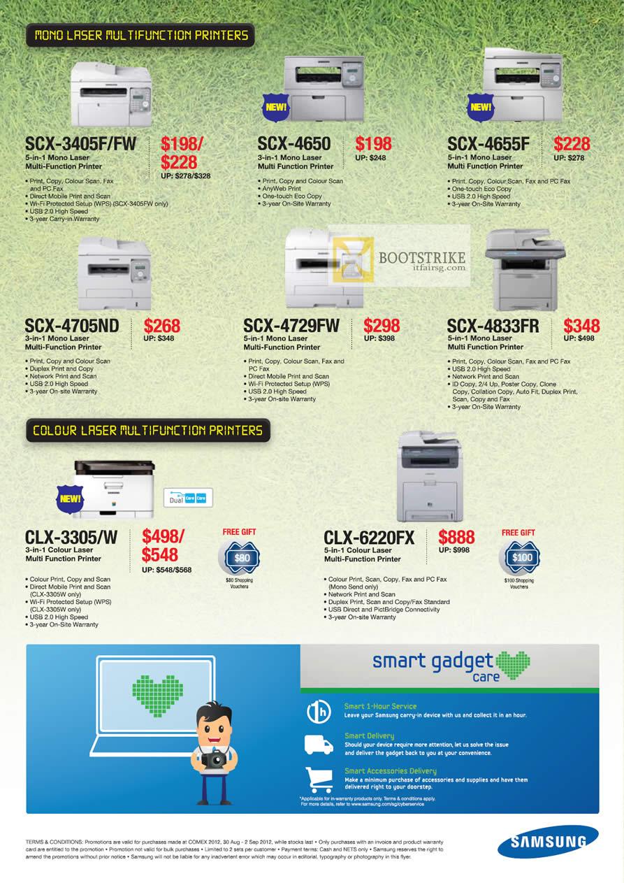 COMEX 2012 price list image brochure of Samsung Printers Laser SCX 3405F FW, SCX-4650, SCX-4655F, SCX-4705ND, SCX-4729FW, SCX-4833FR, CLX-3305 W, CLX-6220FX