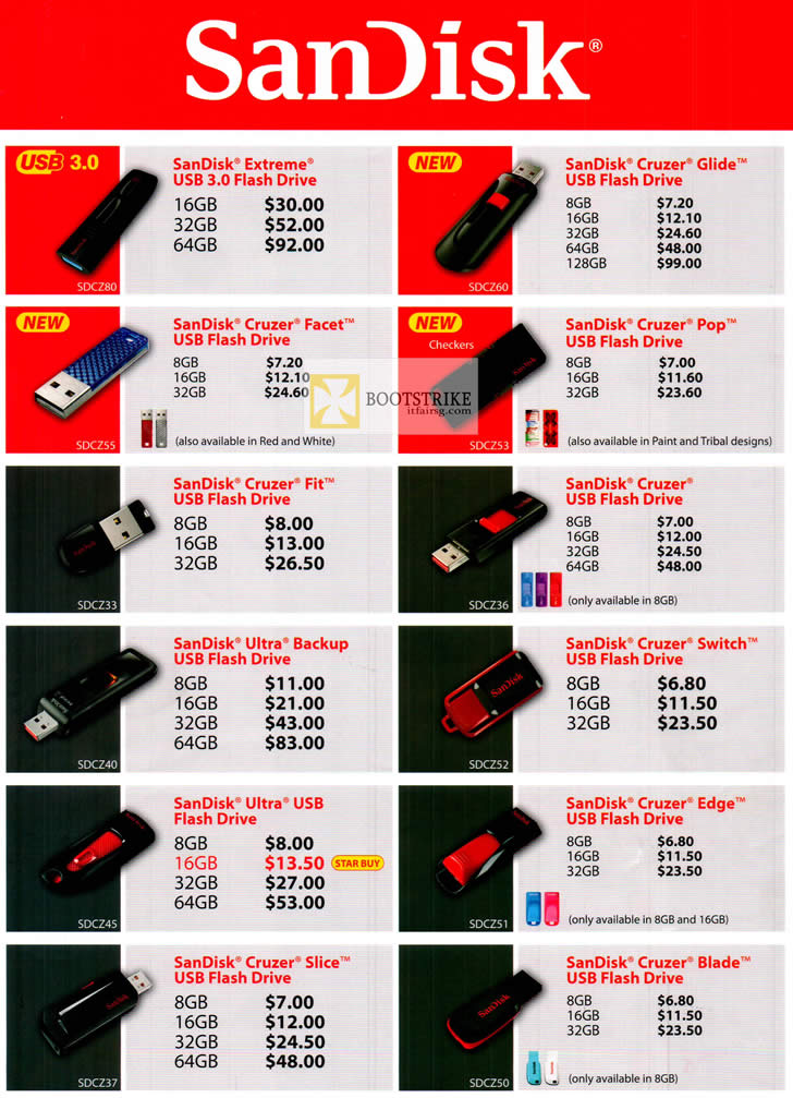 COMEX 2012 price list image brochure of Sandisk Flash USB Storage Extreme, Cruzer Glide, Facet, Pop, Fit, Switch, Backup, Slice, Blade, Edge