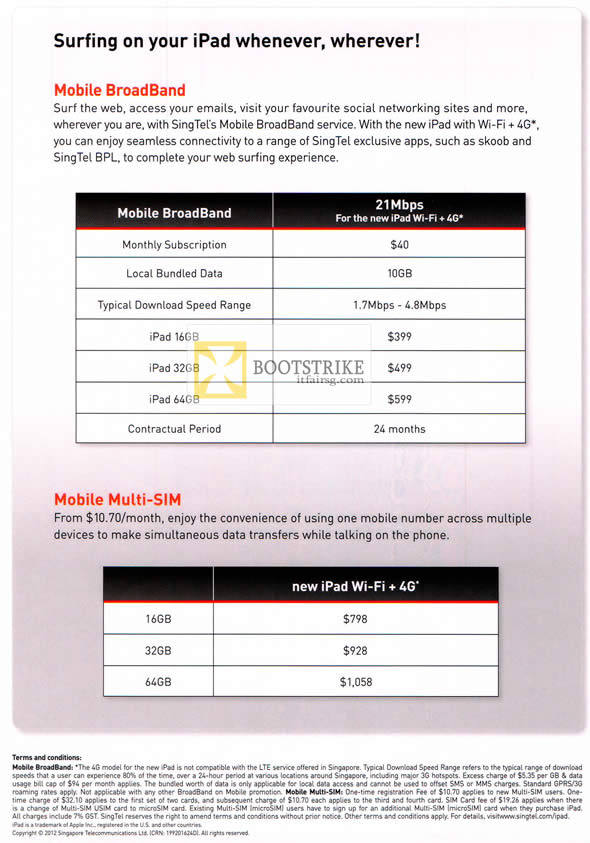 COMEX 2012 price list image brochure of Singtel Apple IPad Tablet Mobile Broadband Plans, Multi SIM Plans