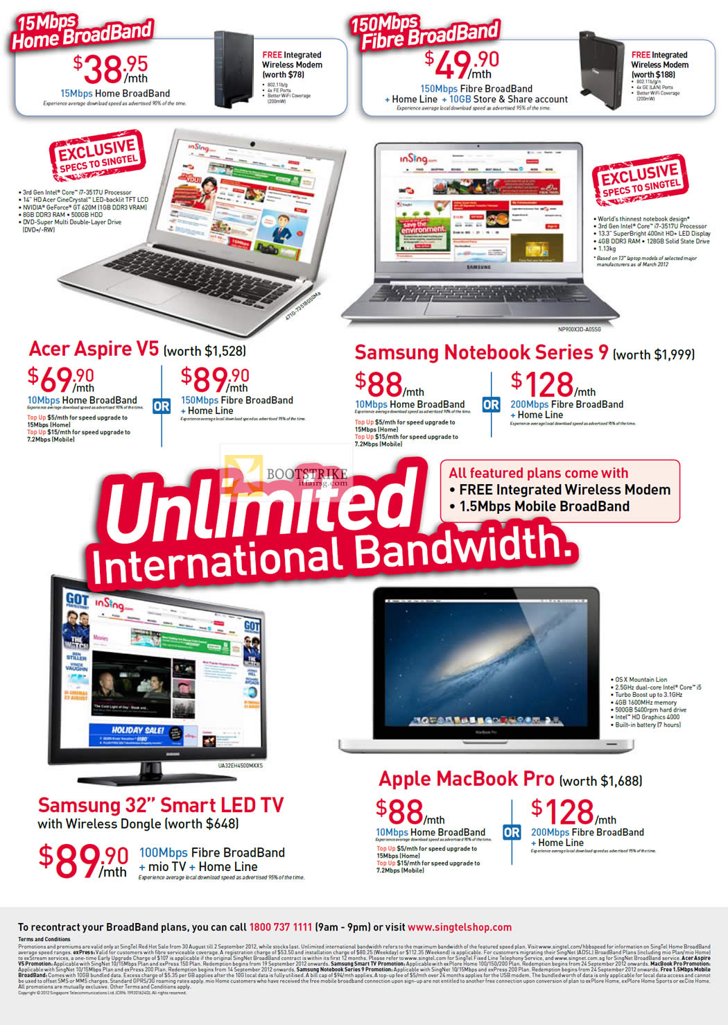 COMEX 2012 price list image brochure of Singtel Broadband ADSL 15Mbps Free Acer Aspire V5, Samsung Notebook Series 9, Samsung 32 Smart LED TV, Apple MacBook Pro, Mio TV