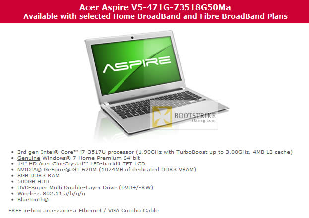 COMEX 2012 price list image brochure of Singtel Broadband Free Acer Aspire V5-471G-73518G50Ma Notebook Specifications