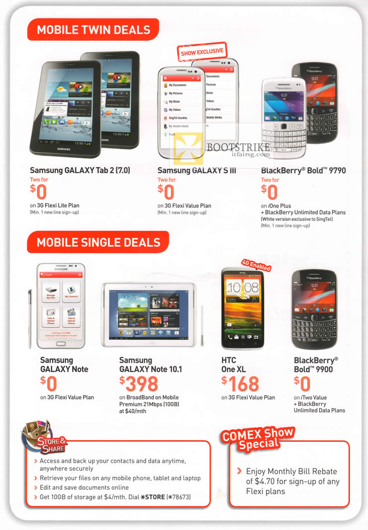 COMEX 2012 price list image brochure of Singtel Business Mobile Smartphones Samsung Galaxy Tab 2, S III, Note, Note 10.1, HTC One XL, Blackberry Bold 9900, 9790