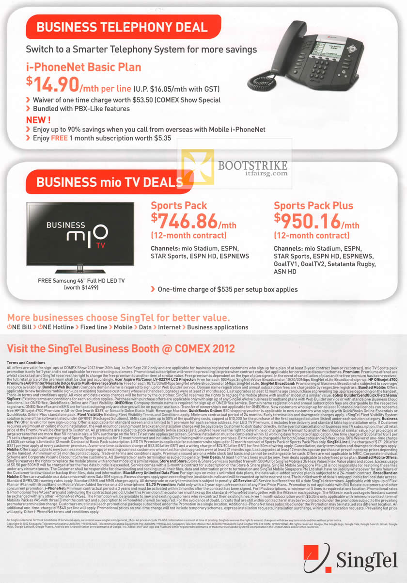 COMEX 2012 price list image brochure of Singtel Business Telephony, Mio TV Sports Pack, Plus