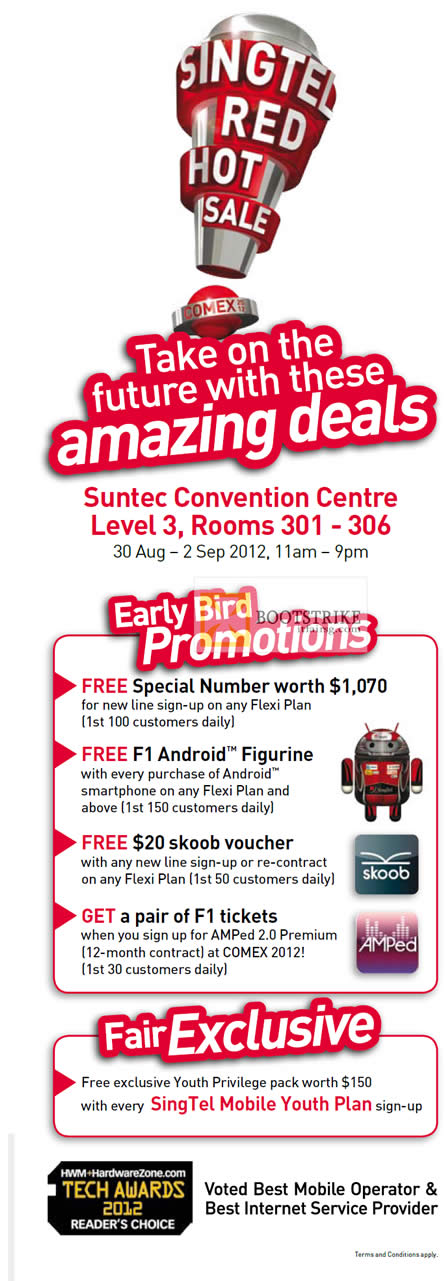 COMEX 2012 price list image brochure of Singtel Early Bird Promotions, Skoob, Free Special Number, Free F1 Android Figurine, F1 Tickets, Youth Privilege Pack