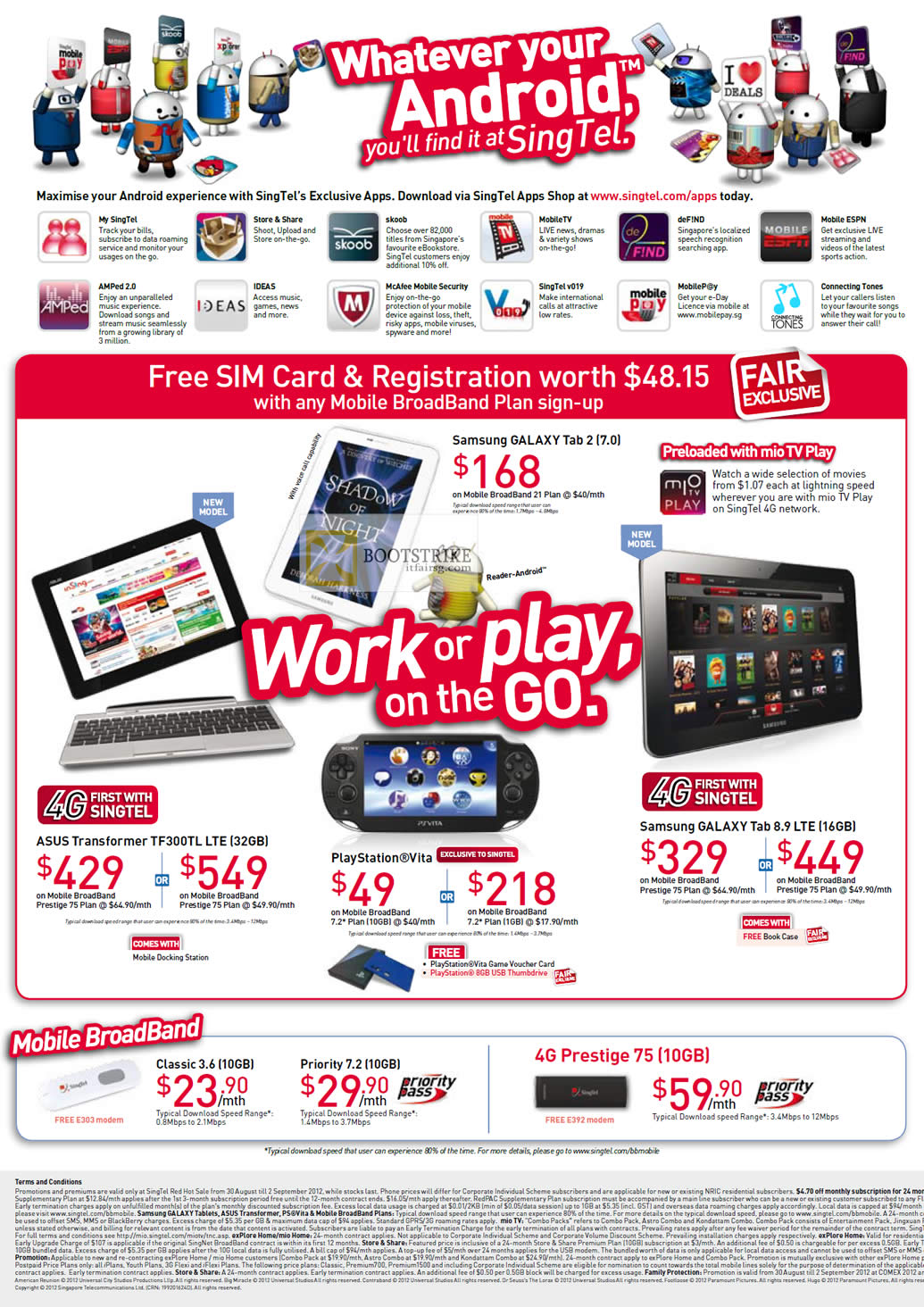 COMEX 2012 price list image brochure of Singtel Free SIM Card Registration, Samsung Galaxy Tab 2 7.0, Galaxy Tab 8.9 LTE, ASUS Transformer TF300TL LTE, Playstation Vita, 4G Prestige 75, Classic, Priority