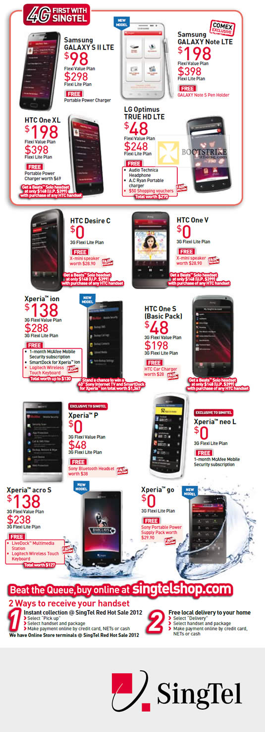 COMEX 2012 price list image brochure of Singtel Samsung Galaxy S II LTE, Note LTE, HTC One XL, Desire C, One V, S, LG Optimus True HD LTE, Sony Xperia Ion, Arco S, Go