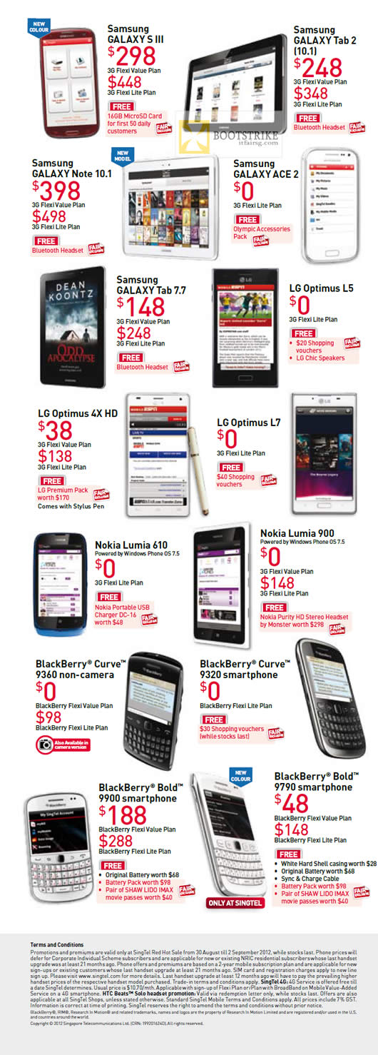 COMEX 2012 price list image brochure of Singtel Samsung Galaxy S III, Tab 2 10.1, Note 10.1, Ace 2, Tab 7.7, LG Optimus L5, 4X HD, L7, Nokia Lumia 610, 900, Blackberry Curve 9360, 9320, Bold 9900, 9790