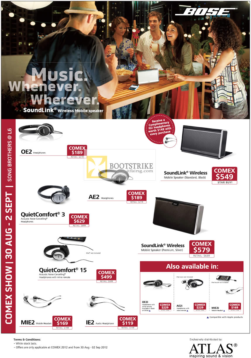 COMEX 2012 price list image brochure of Song Brothers Bose Headphones OE2 AE2, QuietComfort 3 15, Mobile Headset IE2 MIE2, SoundLink Wireless Mobile Speaker