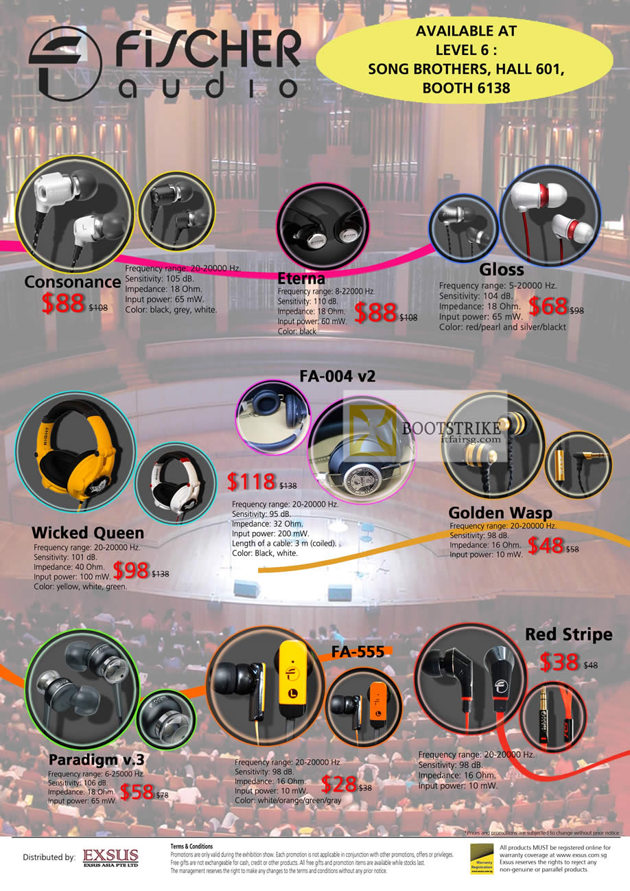 COMEX 2012 price list image brochure of Song Brothers Earphones Fischer Audio Consonance, Eterna, Gloss, Golden Wasp, FA-004 V2, Wicked Queen, Paradigm V.3, FA-555, Red Stripe