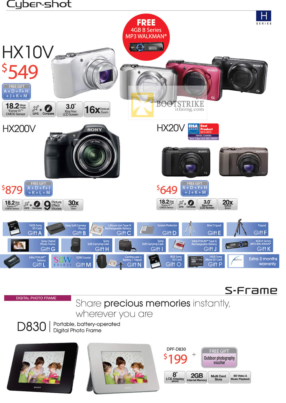 COMEX 2012 price list image brochure of Sony Cybershot Digital Cameras DSC HX10V, HX200V, HX20V, Digital Photo Frame DPF-D830