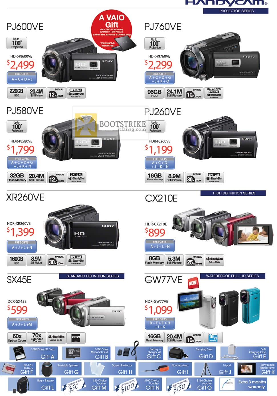 COMEX 2012 price list image brochure of Sony Handycam Video Camcorders HDR PJ600VE, PJ760VE, PJ580VE, PJ260VE, XR260VE, CX210E, GW77VE, DCR SX45E