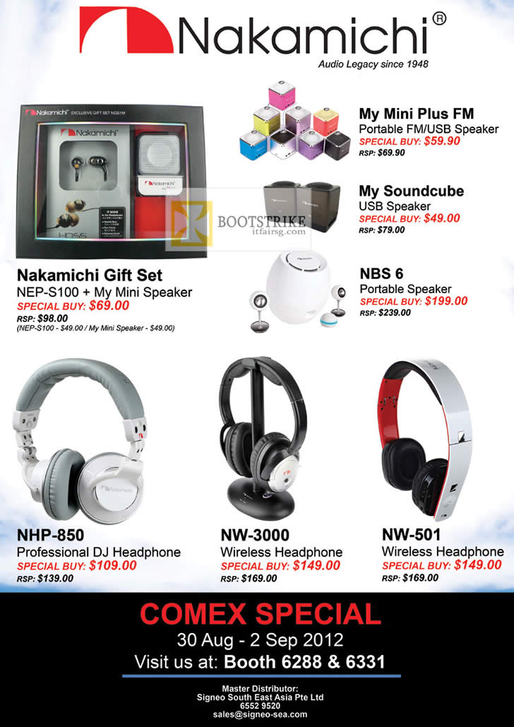 COMEX 2012 price list image brochure of Sprint-Cass Nakamichi NEP-S100 Speaker, My Mini Plus FM, Soundcube, NBS 6, Headphones NHP-850, NW-3000, NW-501