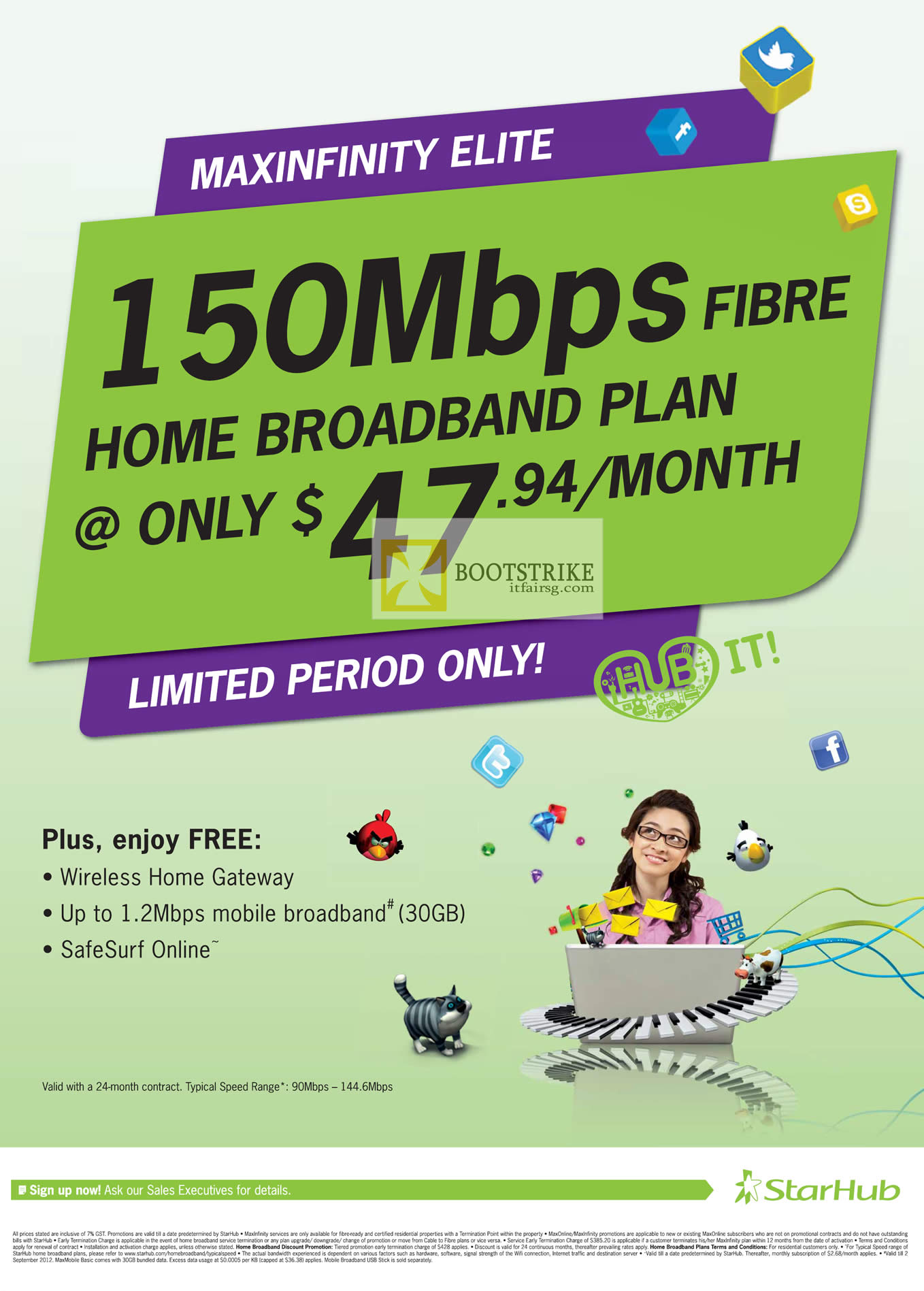 COMEX 2012 price list image brochure of Starhub Broadband 47.94 Fibre 150Mbps, Free Gateway, 1.2Mbps Mobile Broadband, SafeSurf Online