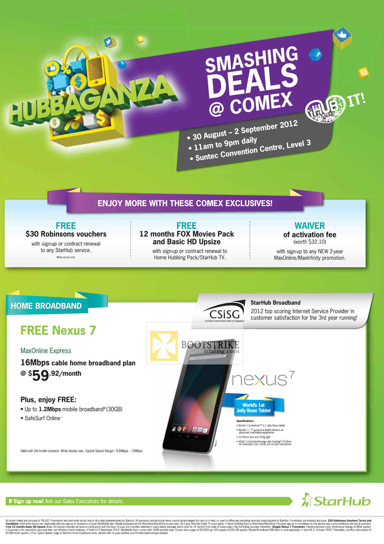 COMEX 2012 price list image brochure of Starhub Exclusives Broadband Nexus 7 Maxonline Express, Robinsons, Fox Movies Pack