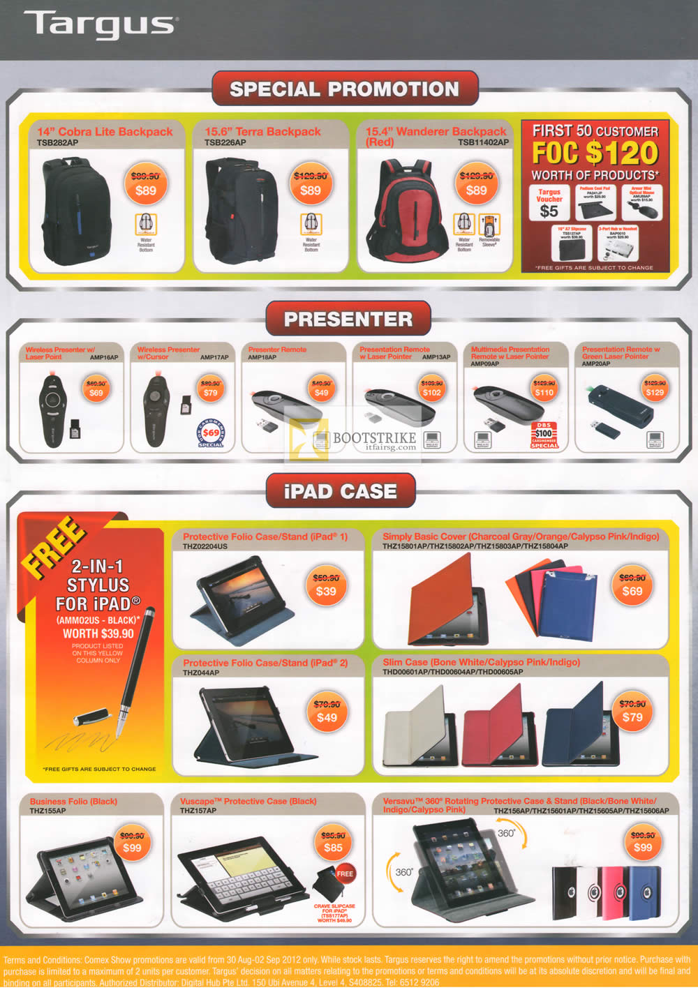 COMEX 2012 price list image brochure of Targus Backpacks Cobra Lite, Terra, Wanderer, Presenter, IPad Case, Folio