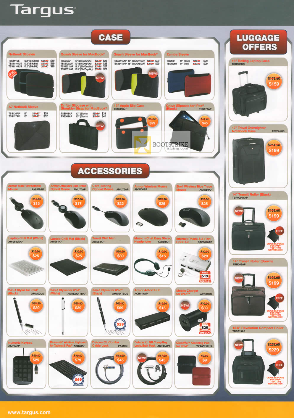 COMEX 2012 price list image brochure of Targus Case Netbook Slipskin, Sleeve, Luggage, Accessories Chill Mat, Cable Lock, Keypad