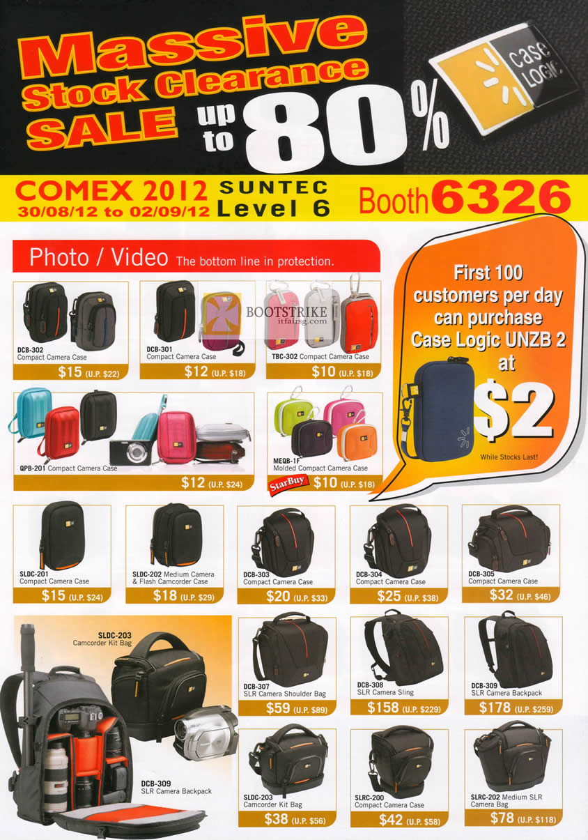 COMEX 2012 price list image brochure of The Headphones Gallery Case Logic Compact Camera Cases, SLR Camera Shoulder Bag, Sling, Kit Bag, Backpack