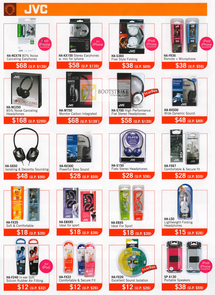 COMEX 2012 price list image brochure of The Headphones Gallery JVC Earphones Headphones HA NCX78, KX100, S360, FR36, NC250, M750, S700, RX500, S650, RX300, S150, FX67, FX35, L50, SP A130 Speakers