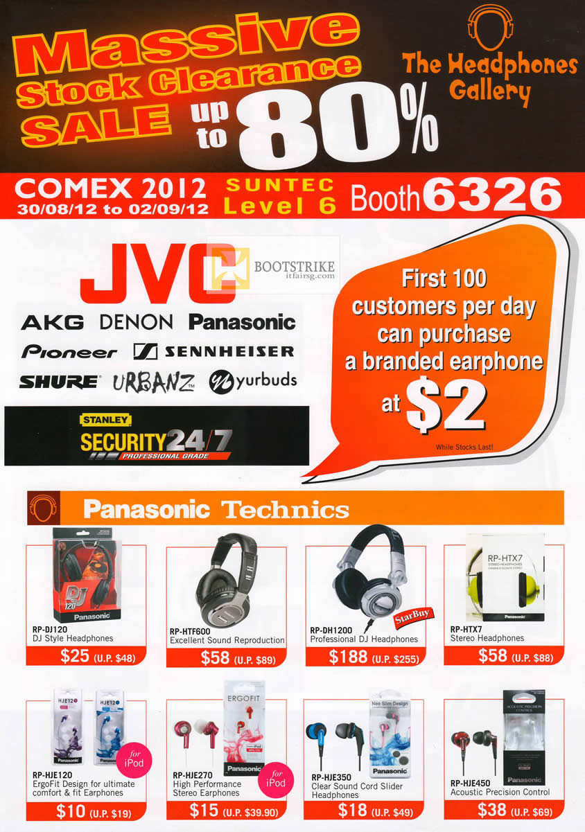 COMEX 2012 price list image brochure of The Headphones Gallery Panasonic Technics RP-DJ120, HTF600, DH1200, HTX7, HJE450, HJE350