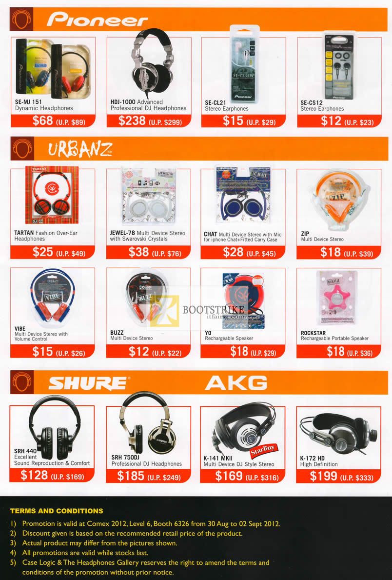 COMEX 2012 price list image brochure of The Headphones Gallery Pioneer Headphones SE-MU 151, HDJ-1000, Urbanz TARTAN, JEWEL-78, Shure AKG SRH 440, 750DJ, K-141 MKII, K-172 HD